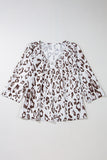 Leopard Print Ruched V Neck 3/4 Sleeve Blouse