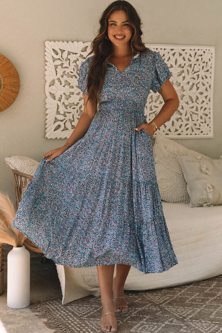 Printed V Neck Shirred Short Puff Sleeve Maxi Dress