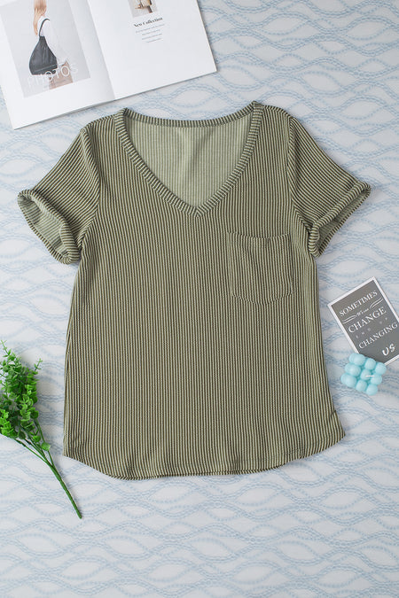 Twist Short Sleeve Corded V Neck Top