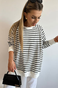 Stripe Raglan Sleeve Side Slits Loose Sweatshirt