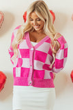 Checkered Drop Shoulder Buttoned V Neck Cardigan