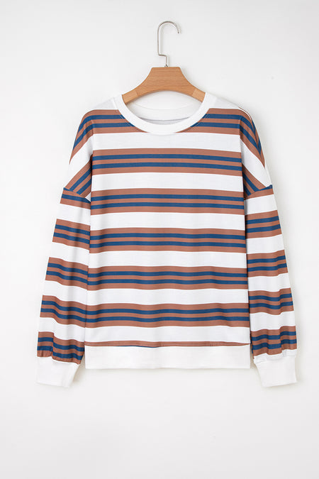 Brown Stripe Crew Neck Drop Shoulder Pullover Sweatshirt