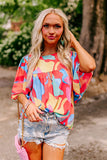 Abstract Pattern Wide Sleeve Crew Neck Blouse