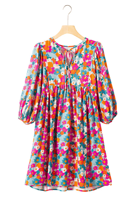 Floral Print Tie Split Neck Bubble Sleeve Babydoll Dress