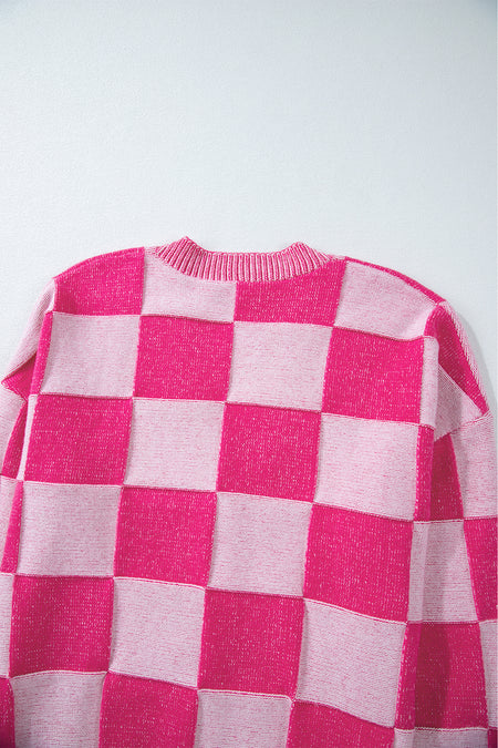 Checkered Drop Shoulder Buttoned V Neck Cardigan