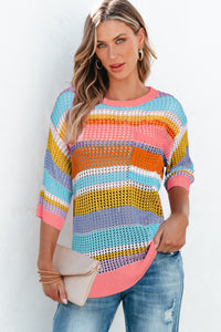 Stripe Colorblock Hollowed Crochet 3/4 Sleeve Sweater