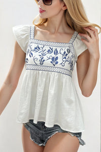 White Embroidered Bust Square Neck Peplum Blouse