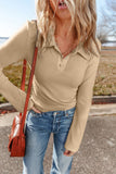 Ribbed Buttoned Collar Long Sleeve Slim Fit Top