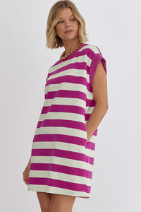Stripe Cap Sleeve Pocketed Shift T-shirt Dress