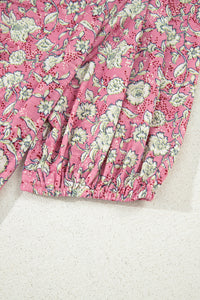 Floral Short Puff Sleeve V Neck Ruched Blouse