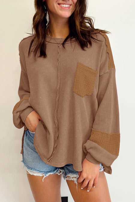 Exposed Seam Patchwork Bubble Sleeve Waffle Knit Top