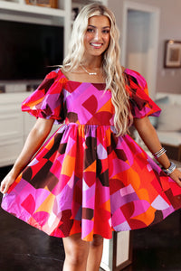 Abstract Print Square Neck Puff Sleeve Dress