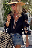 Bohemian Floral Embroidered V Neck Blouse