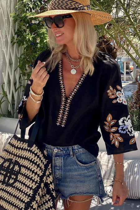 Bohemian Floral Embroidered V Neck Blouse