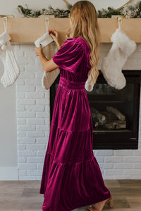 Velvet Short Sleeve Shirred Waist Tiered Maxi Dress