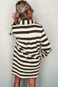 Stripe Collared V Neck Long Sleeve Loose Casual Dress