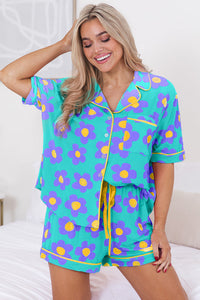 Green Flower Print Short Sleeve Shirt Pajamas Set
