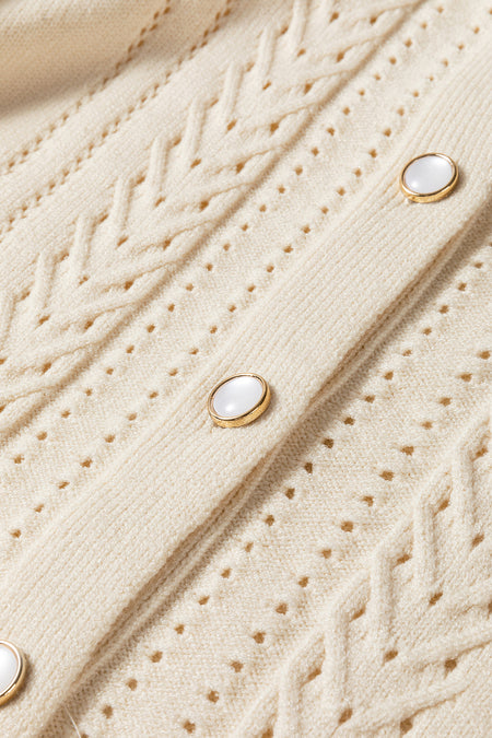 Pleated Sleeve Hollow Detail Button Sweater Cardigan