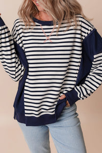 Stripe Color Block Exposed Seam Loose Fit Sweatshirt