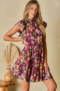 Floral Print Ruched Flutter Sleeve Frilled Neck Mini Dress