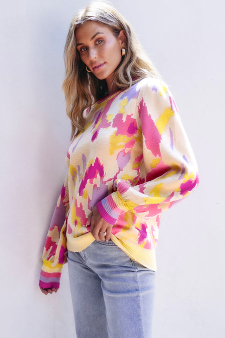 Abstract Print Colorblock Balloon Sleeve Sweater