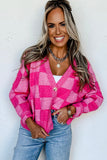 Checkered Drop Shoulder Buttoned V Neck Cardigan