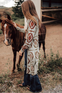 Aztec Printed Open Front Long Cardigan