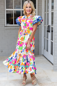 Ricrac Trim Flutter Sleeve Buttoned Floral Maxi Dress