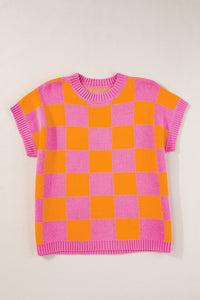 Colorblock Plaid Pattern Ribbed Trim Sweater Tank Top
