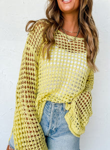 Open Knit Crochet Bell Sleeve Tunic Sweater