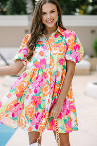 Floral Puff Sleeve Collar Buttoned Babydoll Dress
