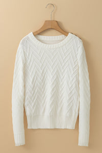 White Textured Knit Button Decor Pullover Sweater