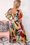 Square Neck Smocked Abstract Print Boho Maxi Dress
