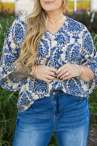 Plus Size Ethnic Printed 3/4 Sleeve V Neck Loose Blouse