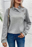 Asymmetric Buttons Detail High Neck Textured Sweatshirt