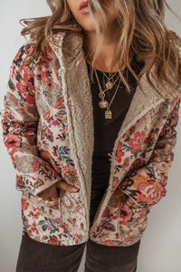 Vintage Paisley Floral Printed Sherpa Lined Hooded Jacket