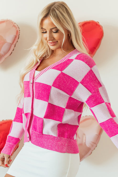 Checkered Drop Shoulder Buttoned V Neck Cardigan