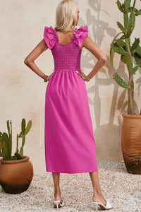 Solid Color Ruffled Straps Smocked Ruched Maxi Dress