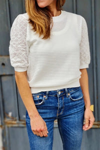 Broderie Anglaise Puff Sleeve Waffle Knit Tee