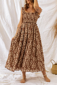 Ruffled Straps Smocked Floral Maxi Dress