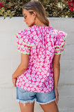 Floral Contrast Ric Rac Layered Ruffle Sleeve Blouse