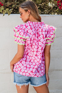 Floral Contrast Ric Rac Layered Ruffle Sleeve Blouse