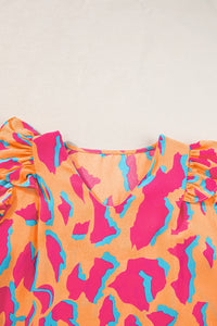 Abstract Print V Neck Ruffled Sleeve Blouse