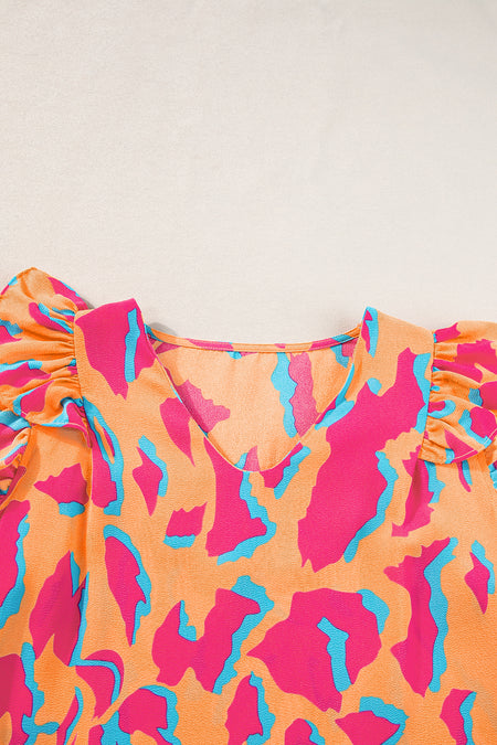 Abstract Print V Neck Ruffled Sleeve Blouse