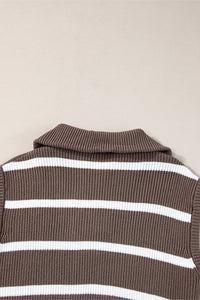 White Stripe Zipped Collar Cap Sleeve Knit Top
