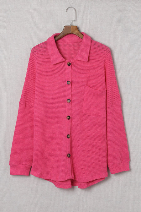 Pink Waffle Knit Button Up Casual Shirt