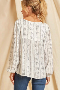 Long Sleeve Embroidered Print Blouse