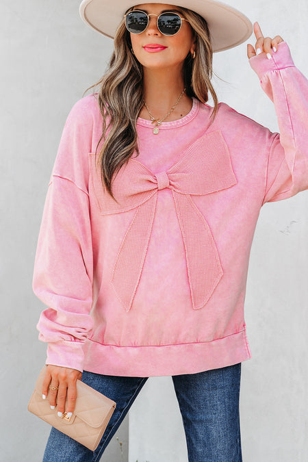 Mineral Wash Big Bow Patchwork Pullover Sweatshirt