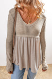 Textured Long Sleeve V Neck Babydoll Top