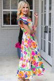 Ricrac Trim Flutter Sleeve Buttoned Floral Maxi Dress